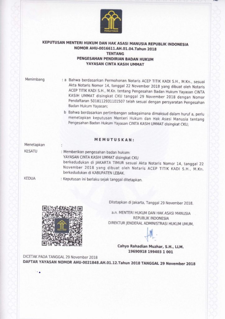 Surat Keputusan Pengesahan Badan Hukum Kemenkumham RI